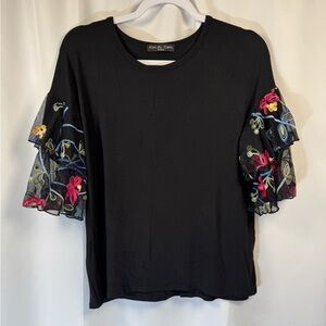 Kim & Cami Black Knit Top with Floral Embroidered Mesh Sleeves M